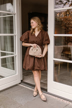 Ateljemel Chocoladebruine Geplooide Jurk